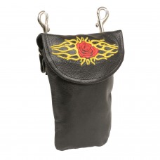 LEATHER BELT BAG W/ ROSE & FLAMES & DOUBLE CLASPS