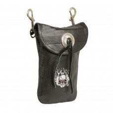 LEATHER BELT BAG W/ SKULL & FLAMES & DOUBLE CLASPS