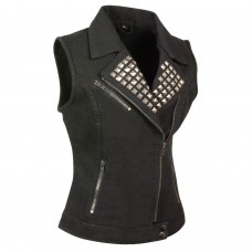 Ladies Zipper Front Black Denim Vest w/ Studded Spikes