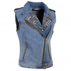 Ladies Zipper Front Blue Denim Vest w/ Studded Spikes