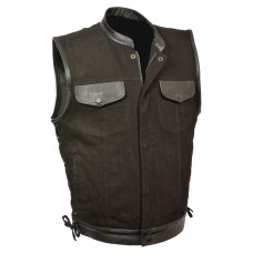 Men's Side Lace Denim Vest w/ Leather Trim & Hidden Zipper