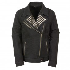 Ladies Zipper Front Black Denim Jacket w/ Studded Spikes