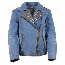 Ladies Zipper Front Blue Denim Jacket w/ Studded Spikes