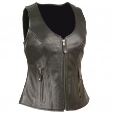 Ladies Open Neck Zipper Front Leather Vest