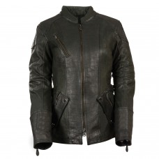 Ladies ¾ Length Stand Up Collar Embossed Print Leather Jacket