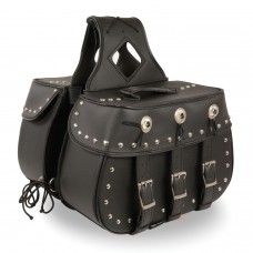 ZIP-OFF TRIPLE BUCKLE PVC THROW OVER SADDLE BAG W/ STUDS & CONCHOS